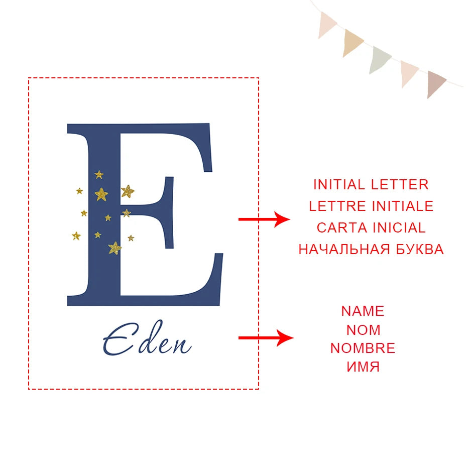 Cute Animals Blue Moon & Stars Personalized Baby's Name Wall Art Fine Art Canvas Prints For Nursery Room Pictures For Kid's Room Decor