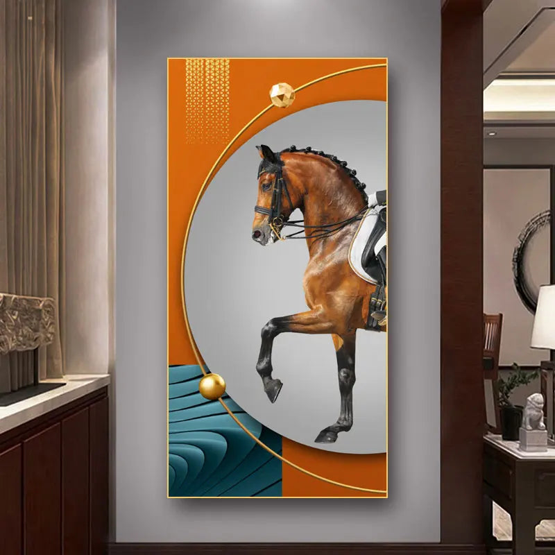 Elegant Equestrian Wall Art Fine Art Canvas Print Majestic Bay Horse Portrait on Abstract Orange Background for Pictures For Modern Interior Decor