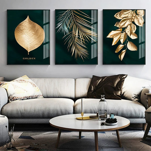 Set of 3Pcs Golden Leaf Wall Art Minimalist Nordic Tropical Plants Fine Art Canvas Prints Pictures For Living Room Dining Room Art Decor