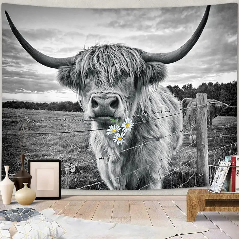Highland Cattle Woven Tapestry Nordic Hanging Wall Decoration For Living Room Bedroom Rustic Farmhouse BnB Wall Decor 100x70cm - 150x180cm