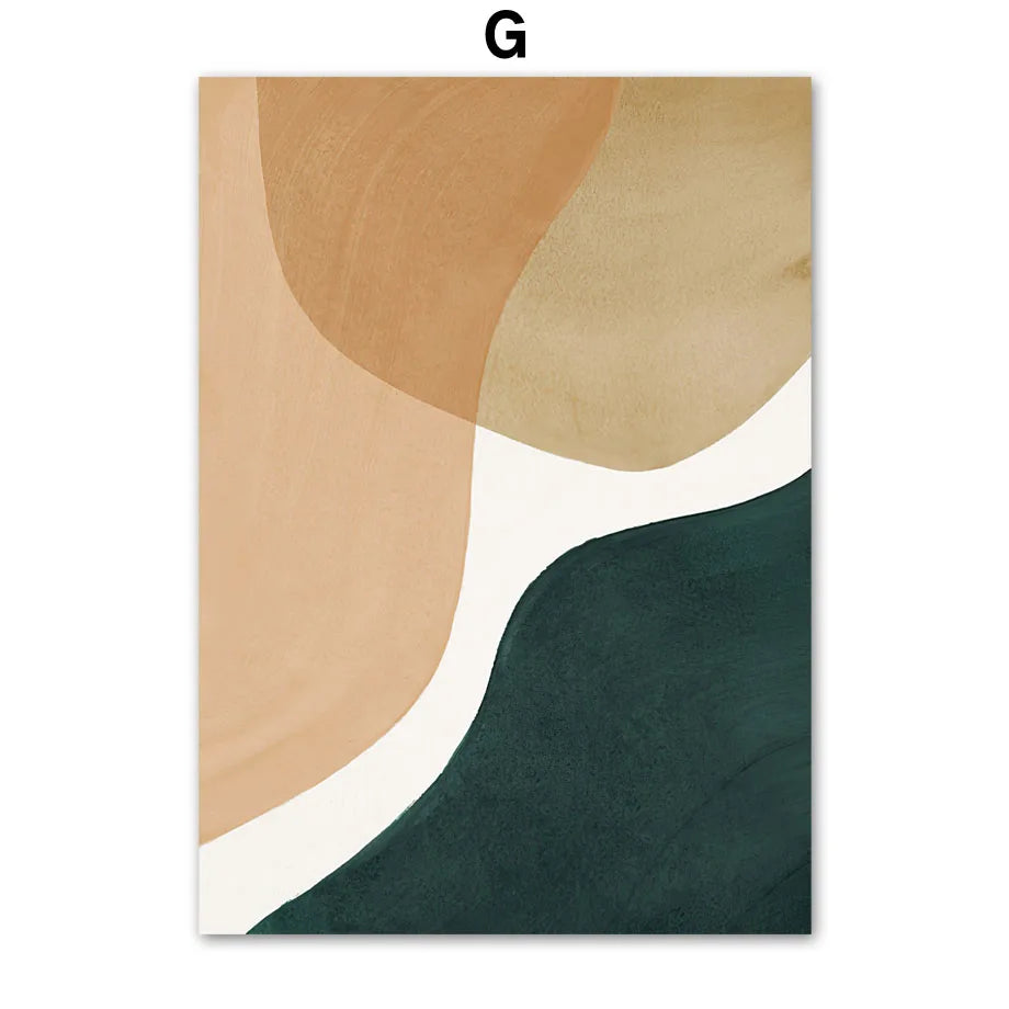 Abstract art print with curved shapes in brown, beige, and green on a white background