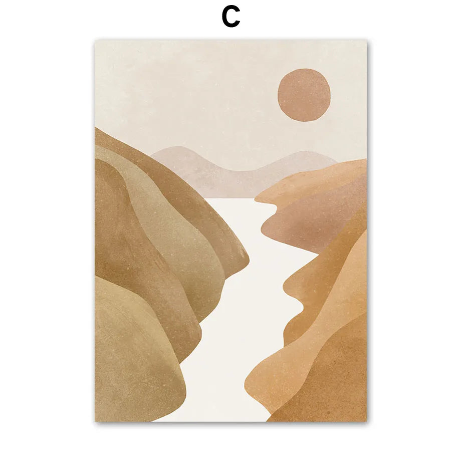 Abstract art print with brown and beige landscape and sun on a beige background