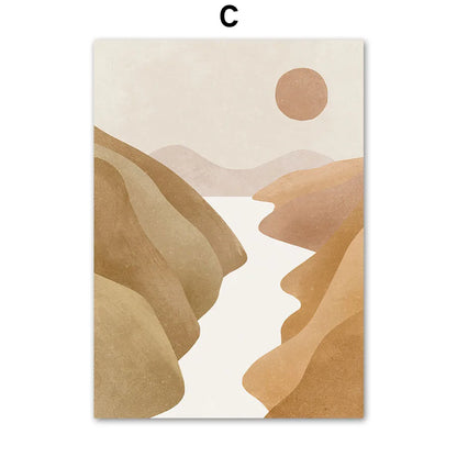 Abstract art print with brown and beige landscape and sun on a beige background
