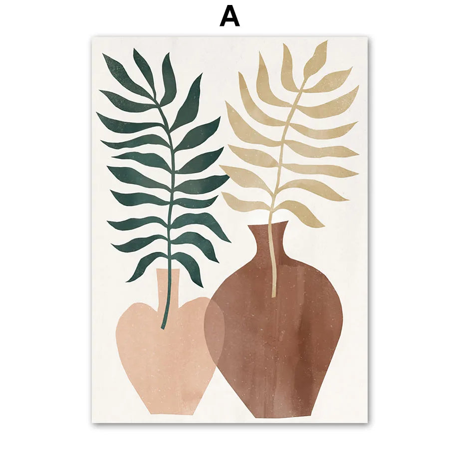 Decorative poster with two vases and leaf designs on a white background