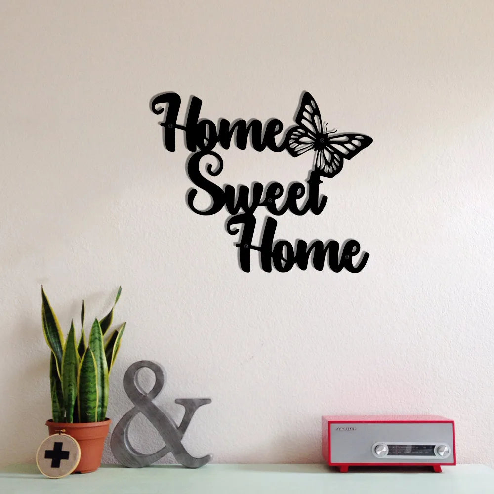 Home Sweet Home Black Metal Wall Art 3D Iron Craft Signage Wall Mounted Typographic Butterfly Wall Decoration For Living Room