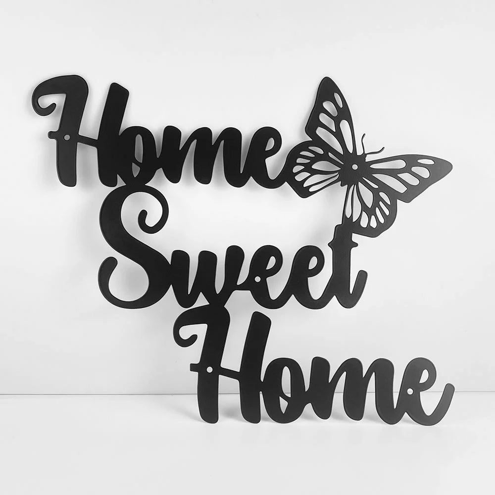 Home Sweet Home Black Metal Wall Art 3D Iron Craft Signage Wall Mounted Typographic Butterfly Wall Decoration For Living Room