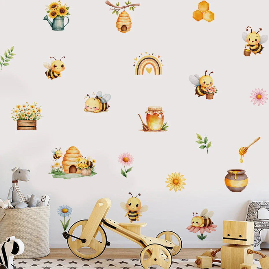 Honey Bee & Rainbow Wall Decals – Cute Colorful Cartoon Wall Stickers for Children's Nursery, Kindergarten or Kids Room Decor