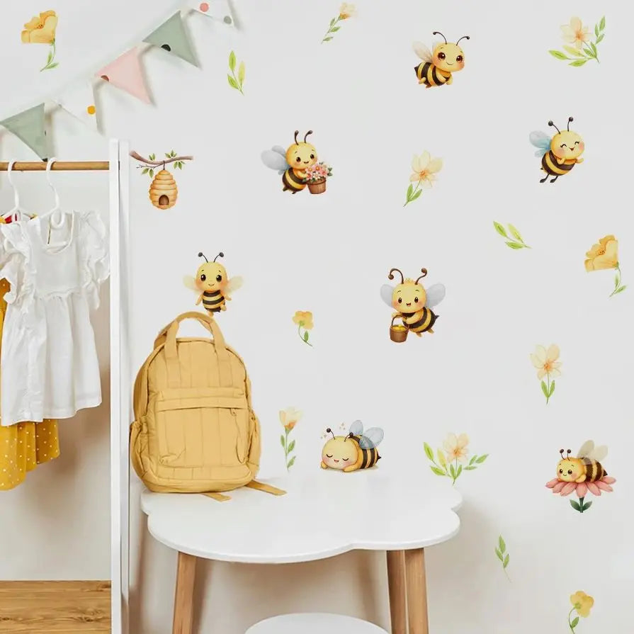 Honey Bee & Rainbow Wall Decals – Cute Colorful Cartoon Wall Stickers for Children's Nursery, Kindergarten or Kids Room Decor