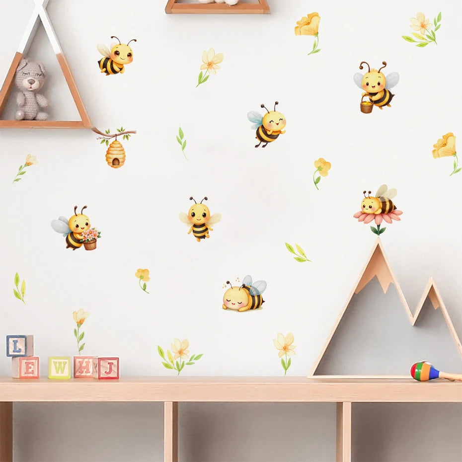 Children's room with bee and flower wall decals on a white wall.