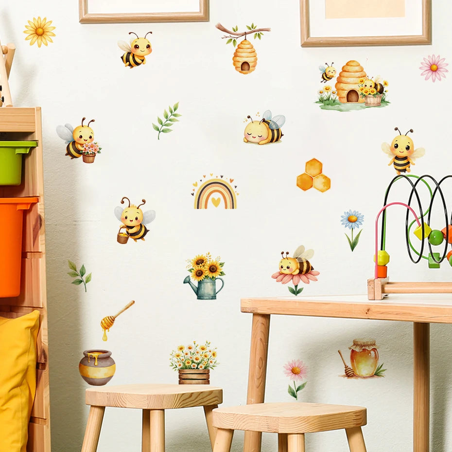 Children's room with bee and flower wall decals on a light-colored wall.