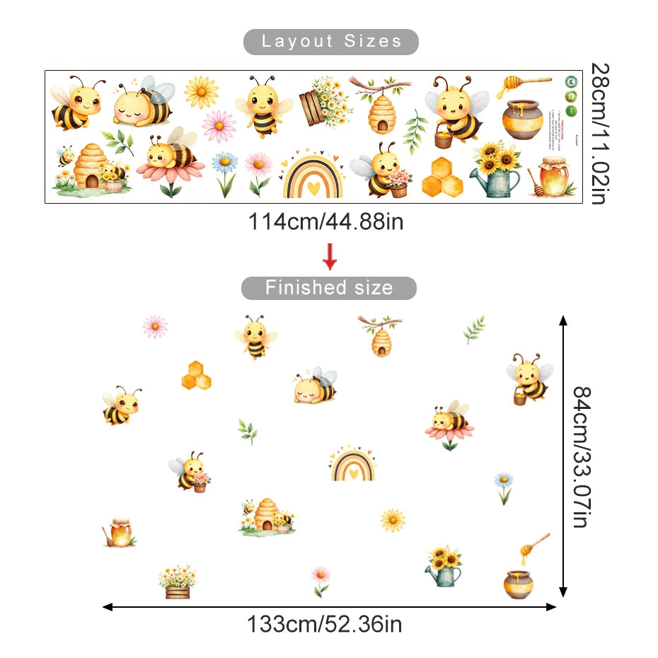 Set of cartoon bee and flower wall stickers with layout sizes displayed.