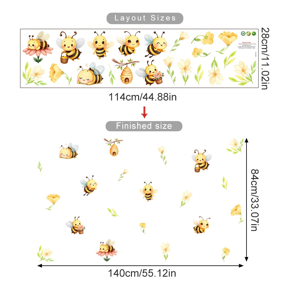 Bees and flowers wall decal with layout sizes and finished size measurements.
