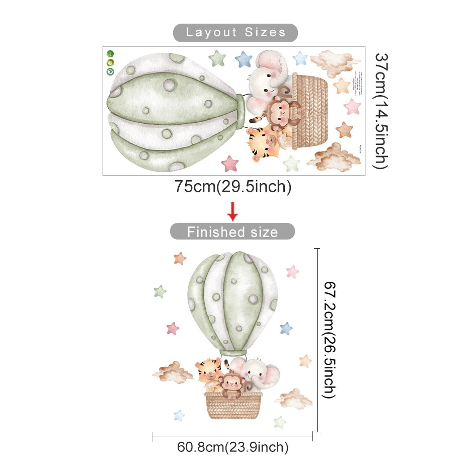 Wall decal of a hot air balloon with cartoon animals and measurements on a white background