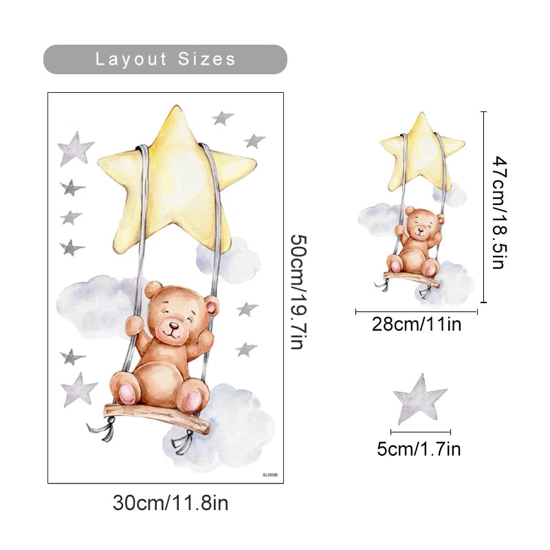 Wall decal of a teddy bear on a star swing with measurements