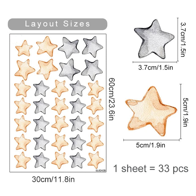Sheet of star-shaped stickers with layout sizes and dimensions on a white background