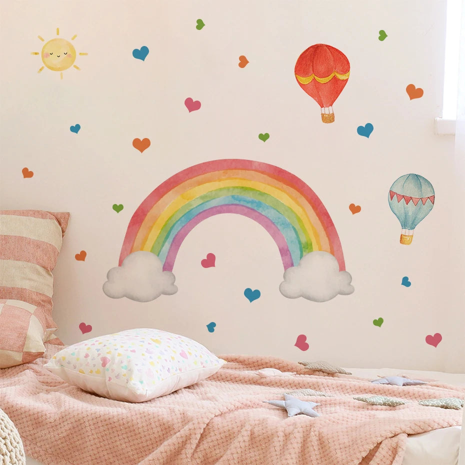 Hot Air Balloons Rainbow Wall Decal – Colorful Watercolor Peel & Stick Murals for Child’s Room, Nursery or Girls Bedroom Soft Pastel Decor