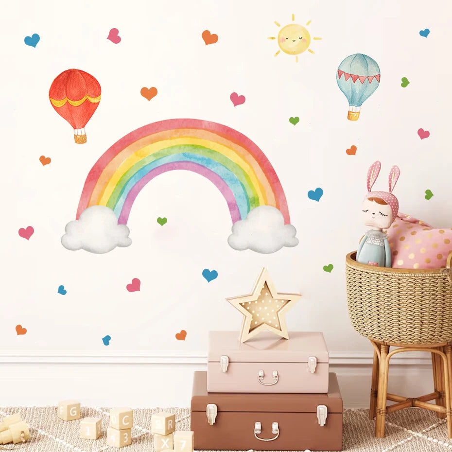 Hot Air Balloons Rainbow Wall Decal – Colorful Watercolor Peel & Stick Murals for Child’s Room, Nursery or Girls Bedroom Soft Pastel Decor