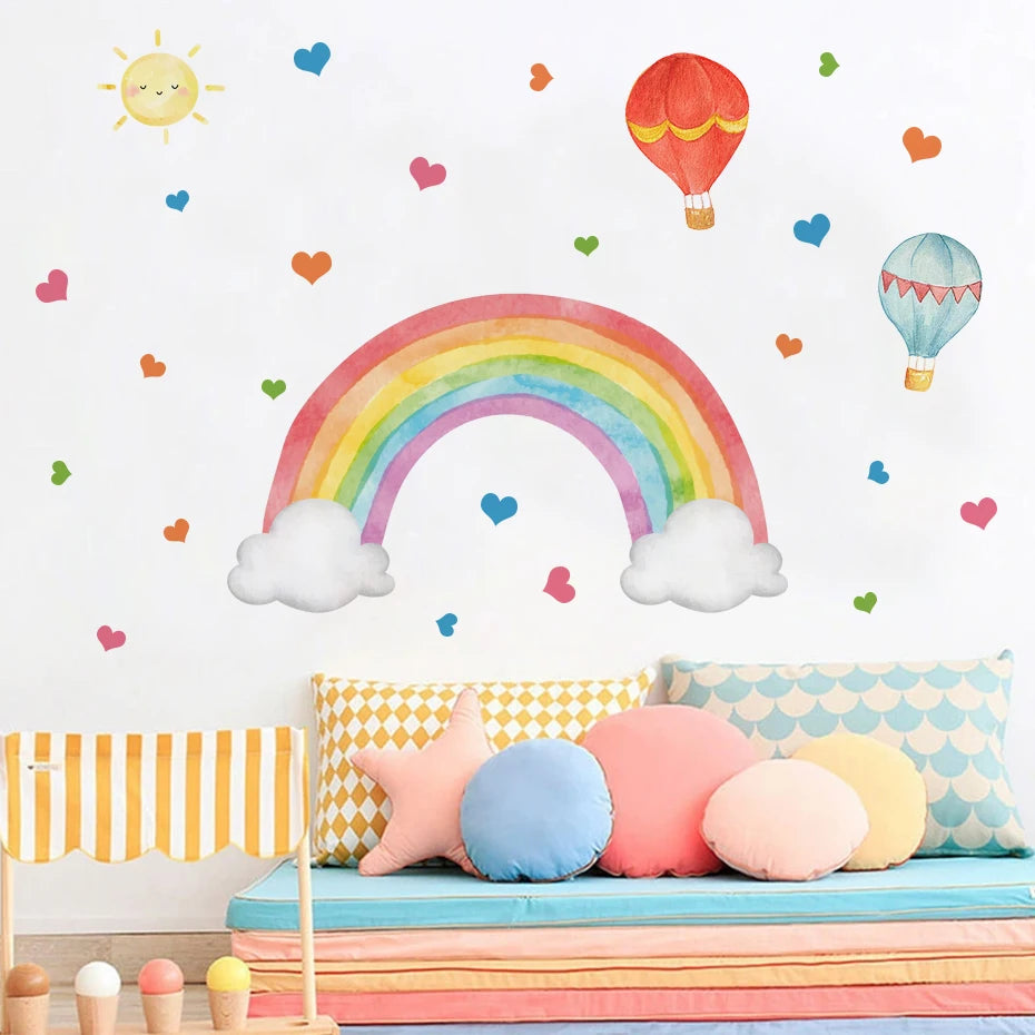 Hot Air Balloons Rainbow Wall Decal – Colorful Watercolor Peel & Stick Murals for Child’s Room, Nursery or Girls Bedroom Soft Pastel Decor