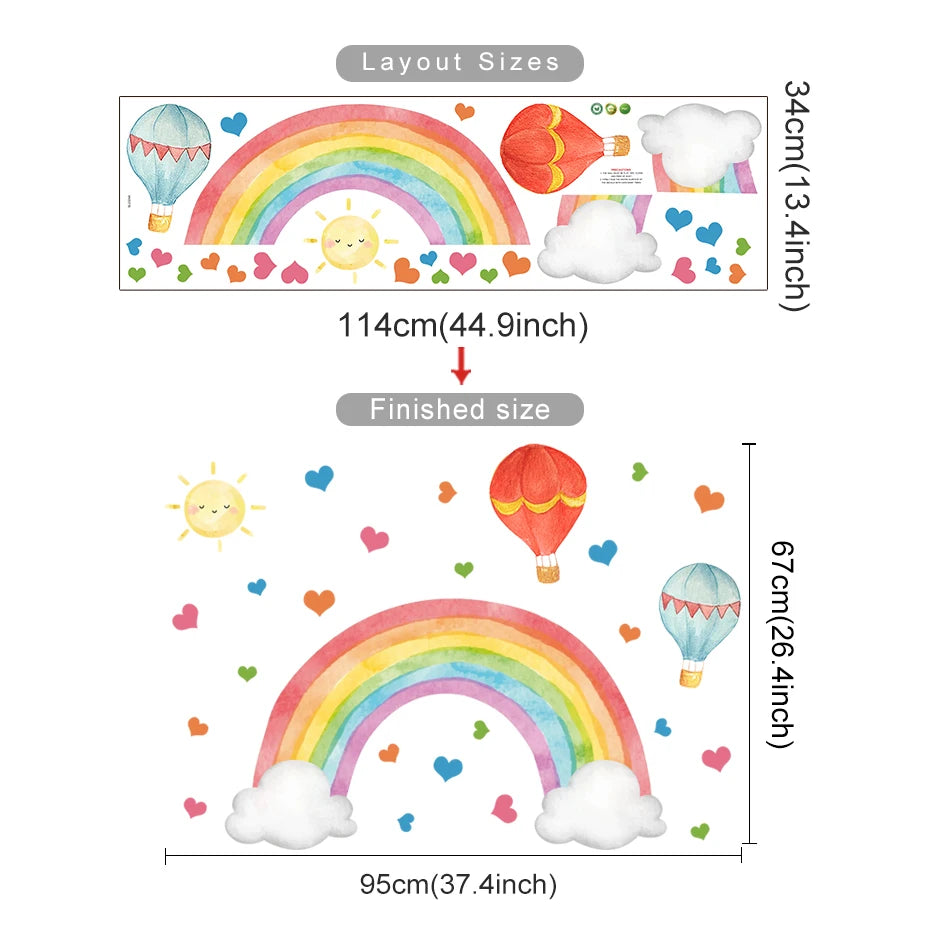 Hot Air Balloons Rainbow Wall Decal – Colorful Watercolor Peel & Stick Murals for Child’s Room, Nursery or Girls Bedroom Soft Pastel Decor