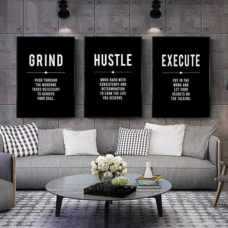 Hustle Grit Grind Success Motivational Posters Wall Art Fine Art Canvas Prints Pictures For Living Room Entrepreneur Study Room Bedroom Home Office Decor