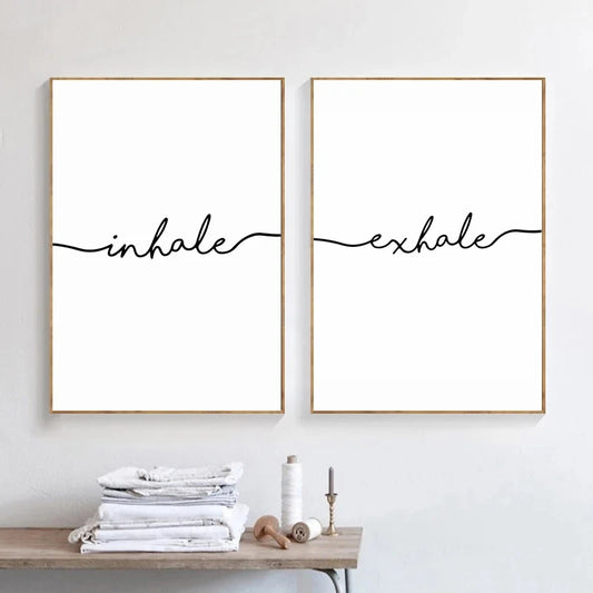 Inhale Exhale Word Art Canvas Prints Minimalist Quotations Black White Letters Poster Art Abstract Paintings Salon Wall Art For Modern Home Decor