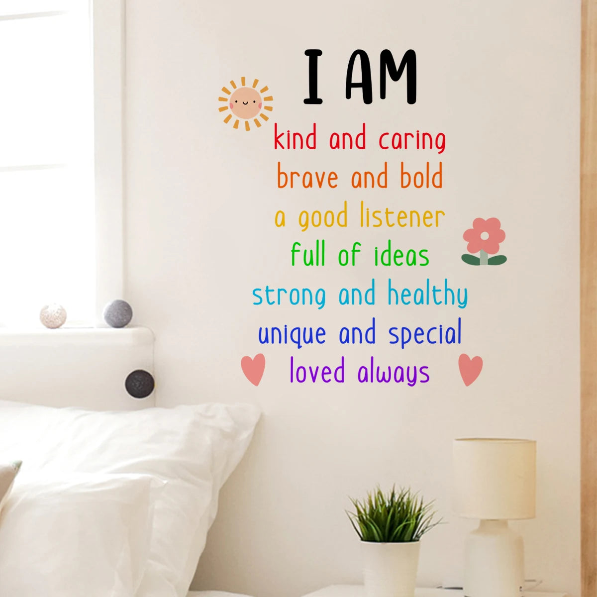 Wall decal with motivational text in a bedroom setting