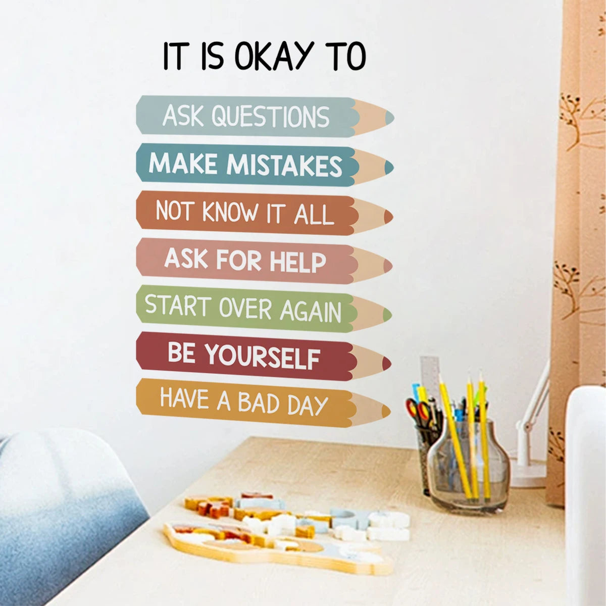 Inspirational Self Development Wall Decal For Children's Room – Colorful Pencils, Letters & Growth Messages Peel & Stick Decor for Kids’ Rooms, Classrooms & Living Spaces