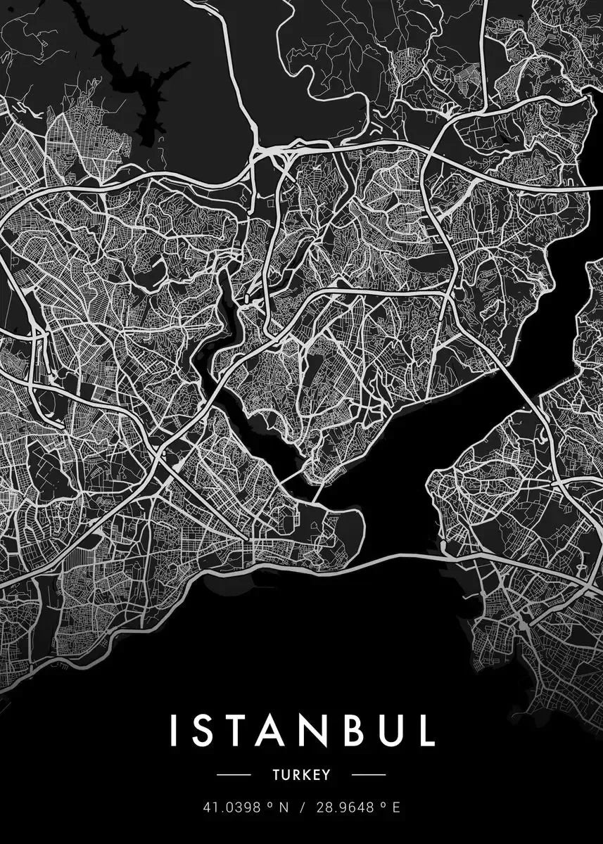 Map of Istanbul, Turkey with black and white coloring