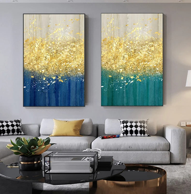 Jade Blue Bright Golden Rain Wall Art Fine Art Canvas Prints Auspicious Abstract Pictures For Living Room Dining Room Home Office Decor