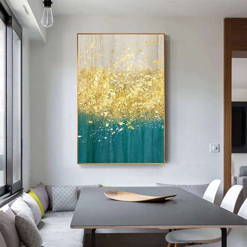 Jade Blue Bright Golden Rain Wall Art Fine Art Canvas Prints Auspicious Abstract Pictures For Living Room Dining Room Home Office Decor