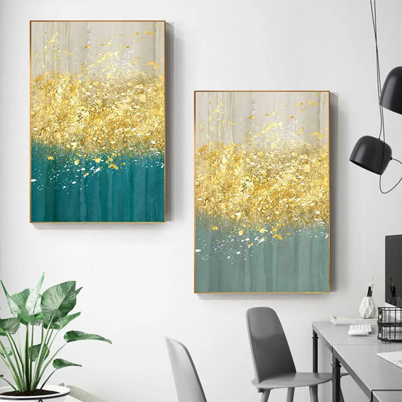 Jade Blue Bright Golden Rain Wall Art Fine Art Canvas Prints Auspicious Abstract Pictures For Living Room Dining Room Home Office Decor