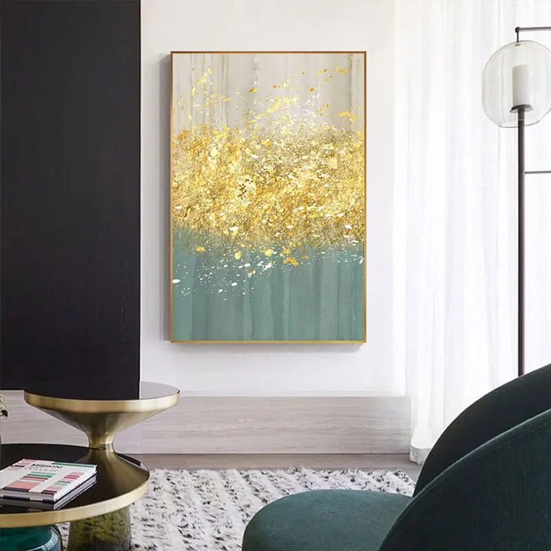 Jade Blue Bright Golden Rain Wall Art Fine Art Canvas Prints Auspicious Abstract Pictures For Living Room Dining Room Home Office Decor