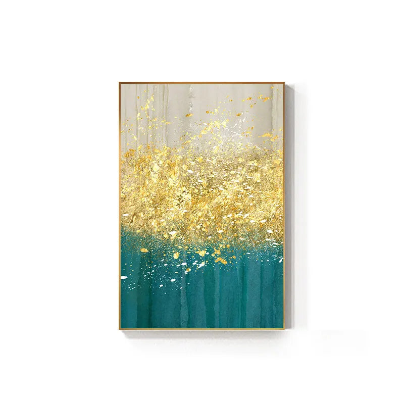 Jade Blue Bright Golden Rain Wall Art Fine Art Canvas Prints Auspicious Abstract Pictures For Living Room Dining Room Home Office Decor