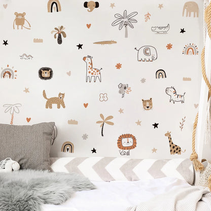 Jungle Animals & Plants Wall Stickers – Abstract Cartoon Vinyl Wall Decals for Nursery, Children's Bedroom & Creative DIY Kid's Room Decoration