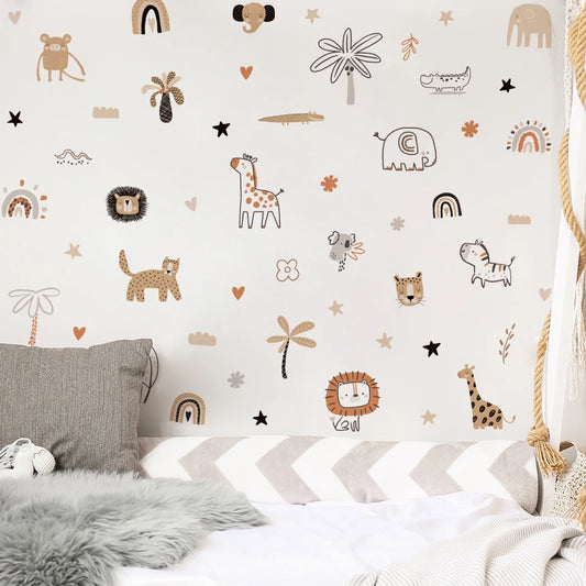 Jungle Animals & Plants Wall Stickers – Abstract Cartoon Vinyl Wall Decals for Nursery, Children's Bedroom & Creative DIY Kid's Room Decoration