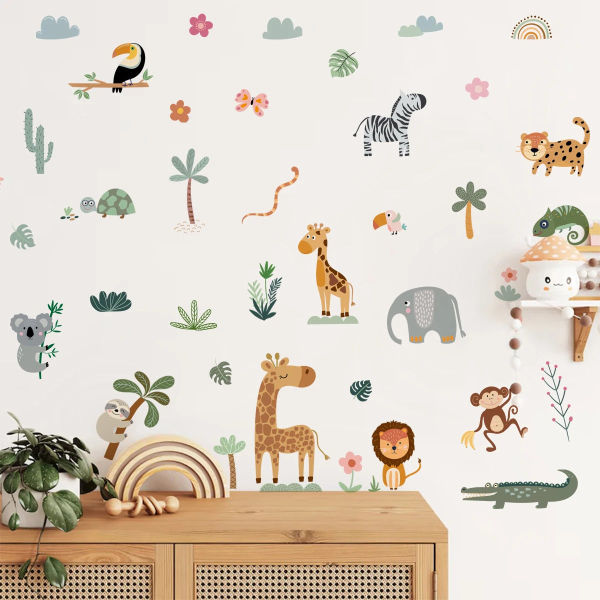 Jungle Safari Wall Decals – Cartoon Animals, Flowers & Plants Wall Stickers for Kids’ Room, Nursery & Playroom Decor
