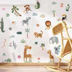 Jungle Safari Wall Decals – Cartoon Animals, Flowers & Plants Wall Stickers for Kids’ Room, Nursery & Playroom Decor
