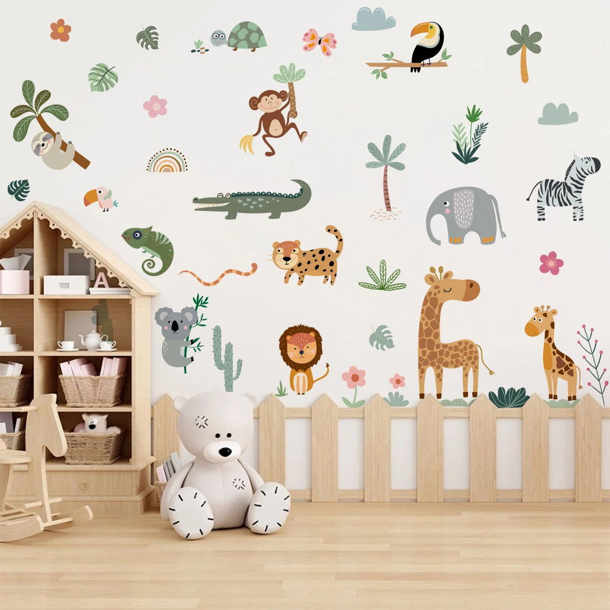Jungle Safari Wall Decals – Cartoon Animals, Flowers & Plants Wall Stickers for Kids’ Room, Nursery & Playroom Decor