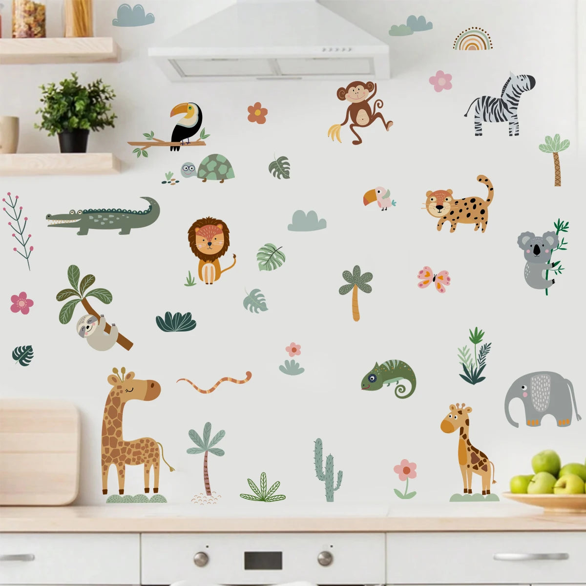 Wall with colorful animal and plant decals in a kitchen setting