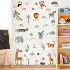 Children's room with jungle animal wall decals on a white wall, a blackboard easel, and wooden bookshelf.