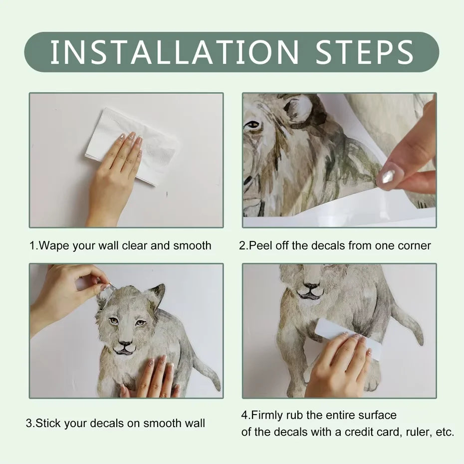 Step-by-step installation guide for lion decals on a wall.