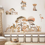 Children's room with safari-themed wall decals and storage unit.