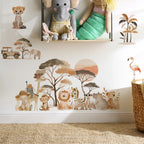 Children's room with safari-themed wall decals and toys on a shelf.