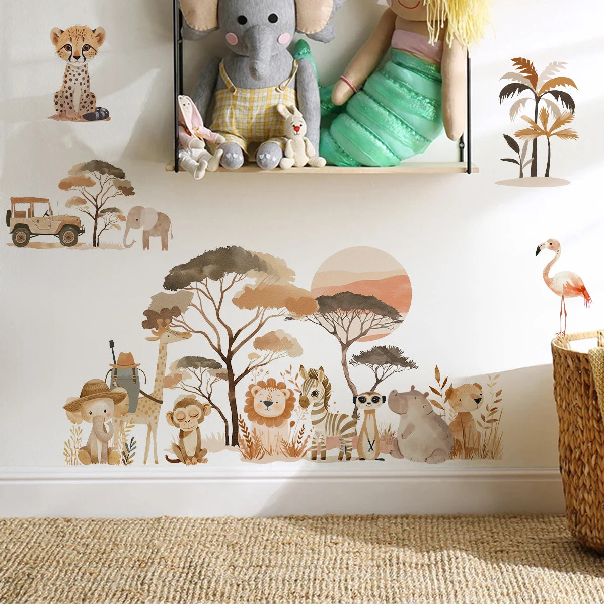 Children's room with safari-themed wall decals and toys on a shelf.