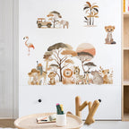 Children's room with safari-themed wall decals on a white cabinet.