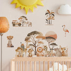 Children's room with safari-themed wall decals, crib, and decorative items.
