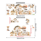 Safari-themed wall decal set with measurements on a white background