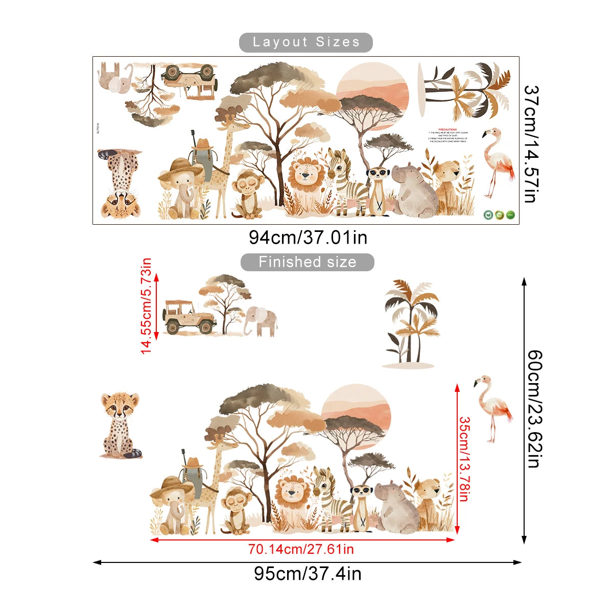 Safari-themed wall decal set with measurements on a white background
