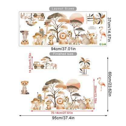 Safari-themed wall decal set with measurements on a white background