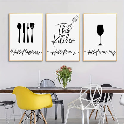 Three framed prints on a wall above a dining table with chairs.